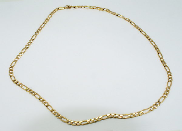 Yellow gold figaro link chain, 22 inches long x 5mm wide.