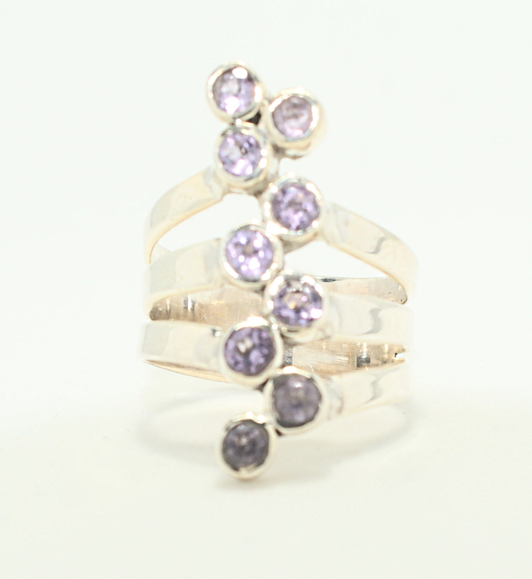 Silver 9 stone north south design amethyst ring.