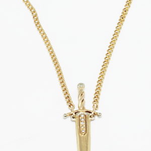 10kt yellow gold custom dagger necklace with diamonds.