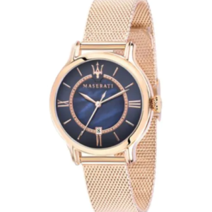 Ladies rose plated watch with irridescent blue dial and rose mesh bracelet.