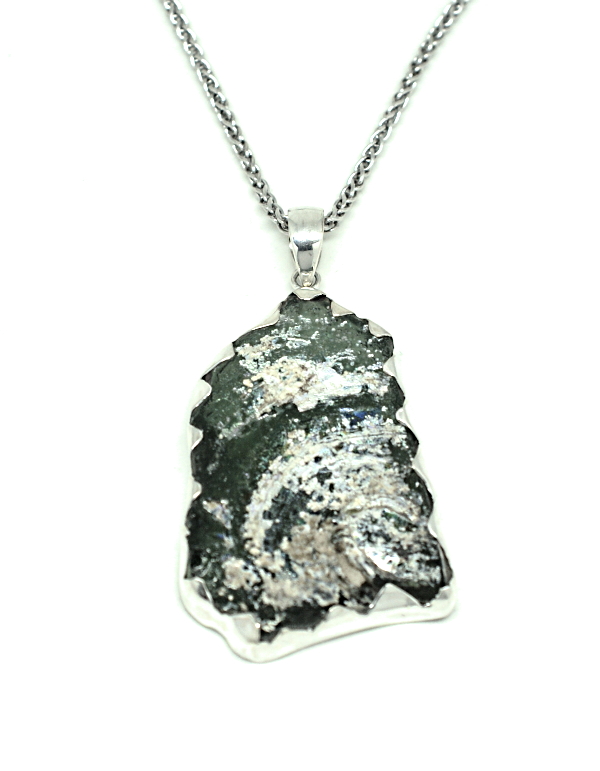 Silver free form green roman glass pendant on heavy wheat chain.