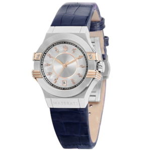 Ladies steel and rose detail "Potenza" Maserati watch with white mother of pearl dial and crystals on midnight blue strap.