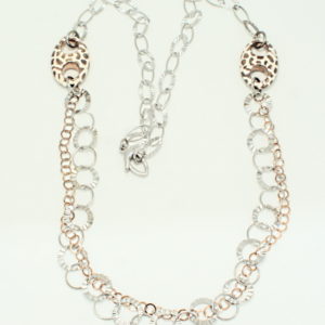 Silver round link doubnle layer ecklace with rose plated link accents.