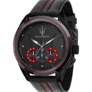 Men's all black "Traguardo" Maserati watch with red detail on black strap with red stiching.