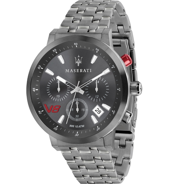 Mens anthracite finish V8 GT Maserati watch with charcoal dial and subdials on anthracite bracelet