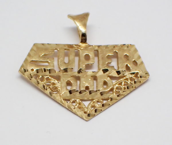 Yellow gold shield shaped Super Dad pendant