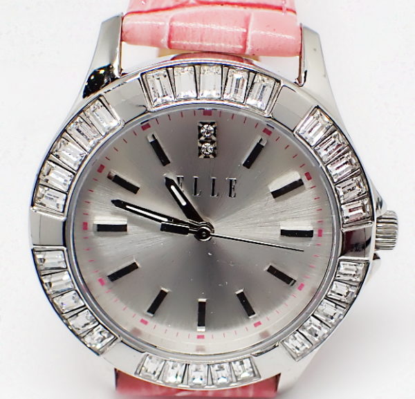 Elle Time watch with framed in crystale with pink leather stra.