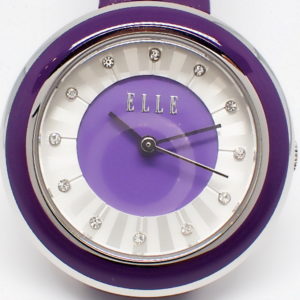 Ladies Elle Time quartz watch with puprle bezel and purple leather strap.
